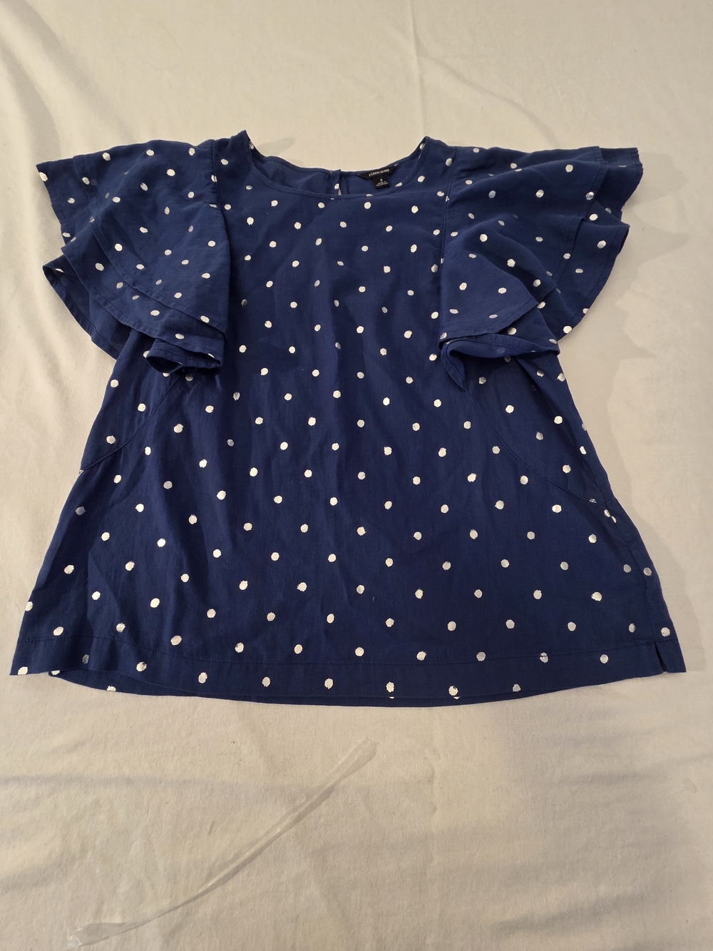 J. Crew Navy Blue Silver Polka Dot Flutter Sleeve Tee